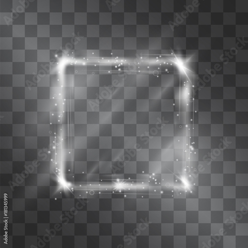 Light effect of silver square frame with glowing facets of shining stardust sparkles illumination. Glistening brilliant energy flow. Luxury theme decorative design element.