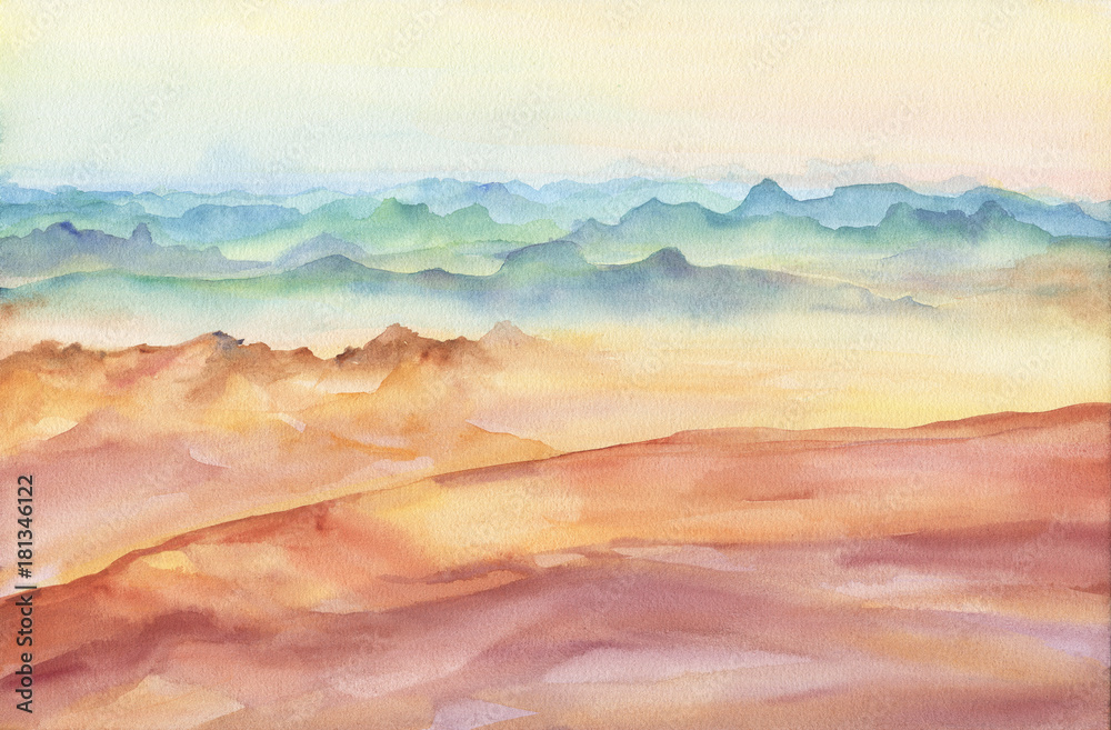 Mountain landscape peaks on sunset on panoramic view. Beautiful rocks and yellow sand desert, dune of the huge sizes. Watercolor hand drawn painting illustration isolated on white background.