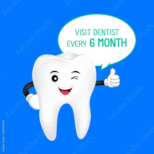 Cute cartoon tooth character smiling with thumb up. Visit dentist every 6 month, dental care concept. Illustration isolated on blue background.