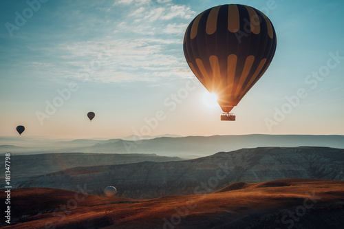 Tablou canvas Hot air balloons flying over the valley at Cappadocia. Turkey