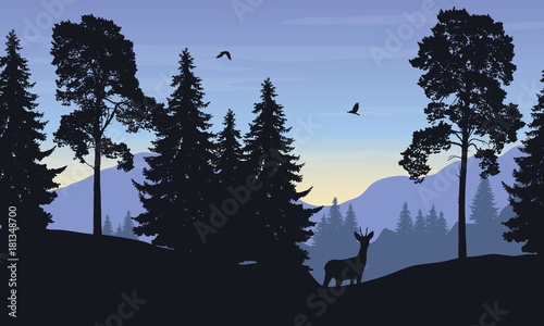Realistic vector illustration of mountain landscape with forest, deer and bird