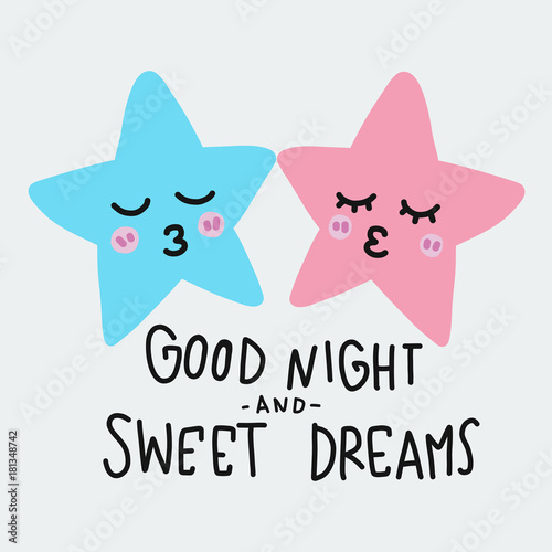 Good night and sweet dreams star kissing cartoon vector illustration