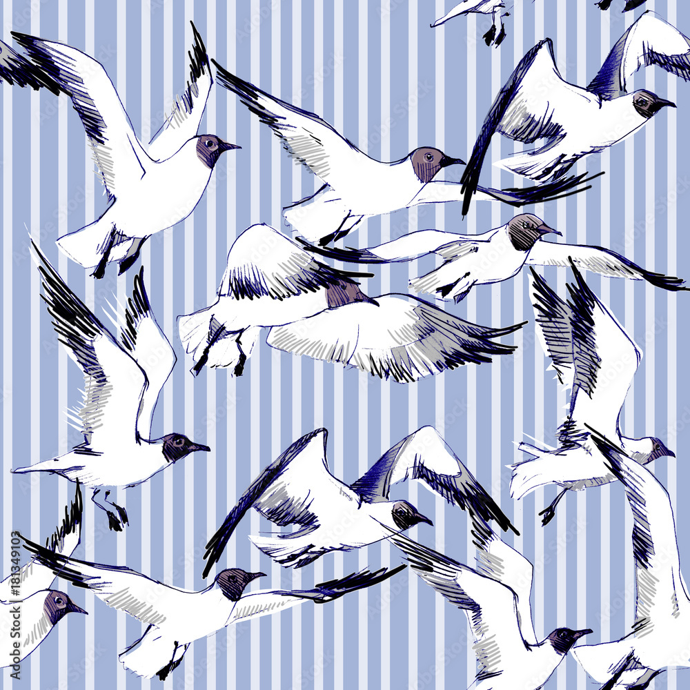 Fototapeta Sea gull seamless pattern. Sea bird sketch.