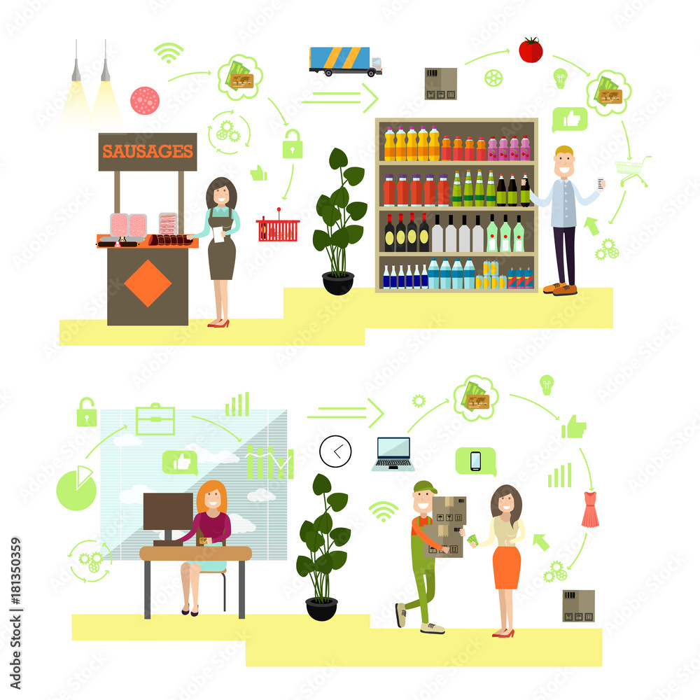 Vector set of people shopping flat symbols, icons Vector set of people shopping flat symbols, icons