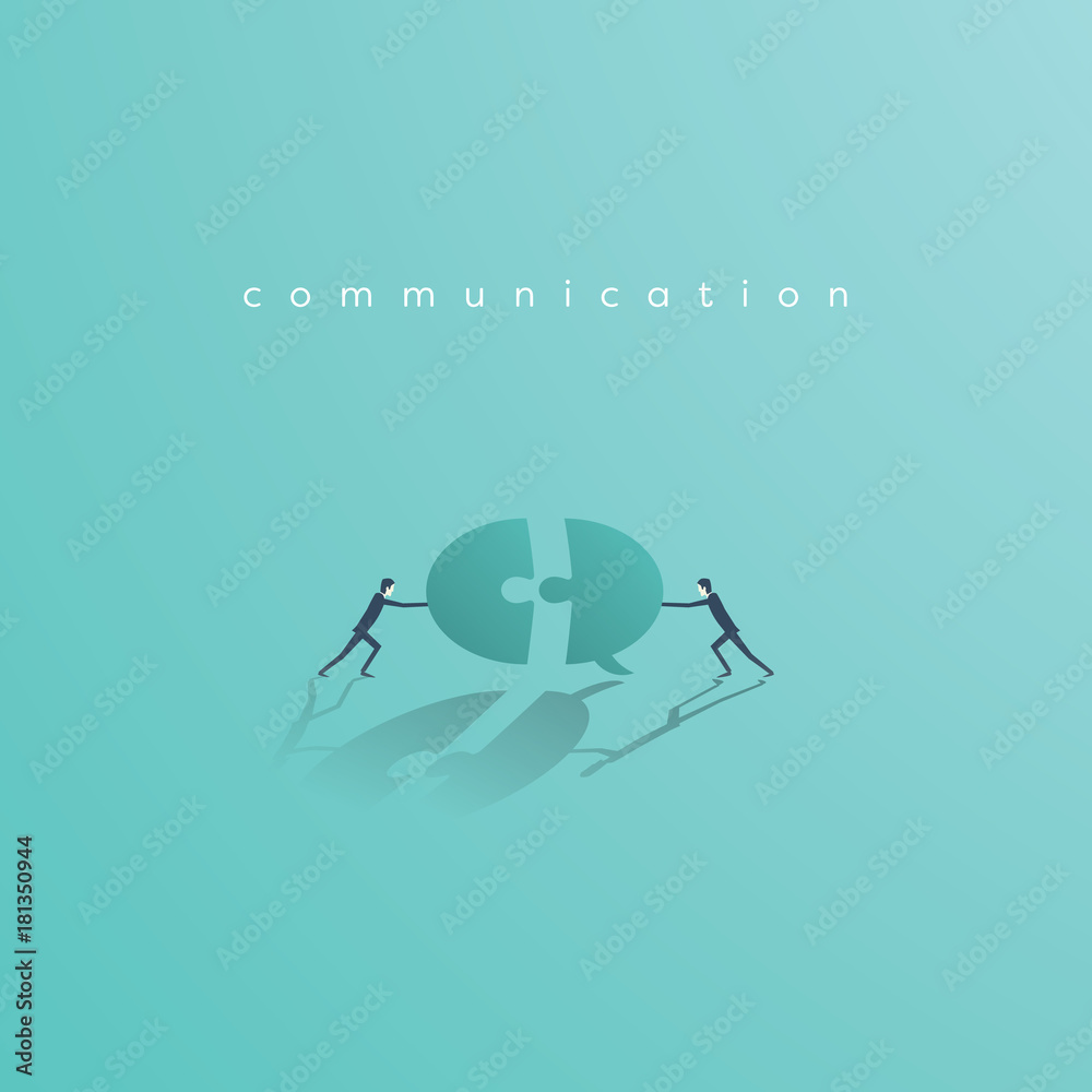 Business communication and cooperation vector concept with businessman pushing jigsaw speech bubble. Symbol of teamwork, collaboration. Business communication and cooperation vector concept with businessman pushing jigsaw speech bubble. Symbol of teamwork, collaboration.