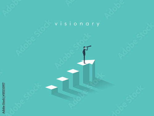 Businessman looking through telescope on top of the column graph. Business concept of goals, success, achievement and challenge.