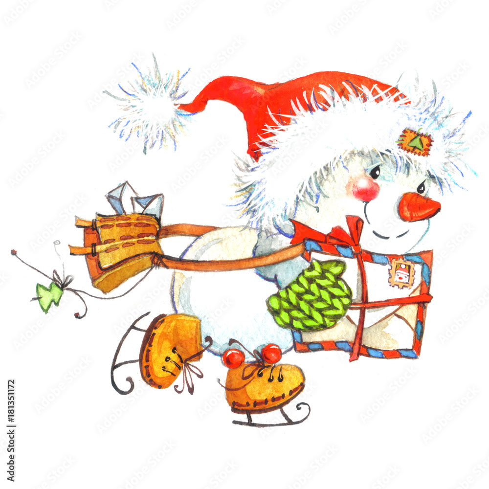Fototapeta premium hand-drawn watercolor illustration of cute Snowman