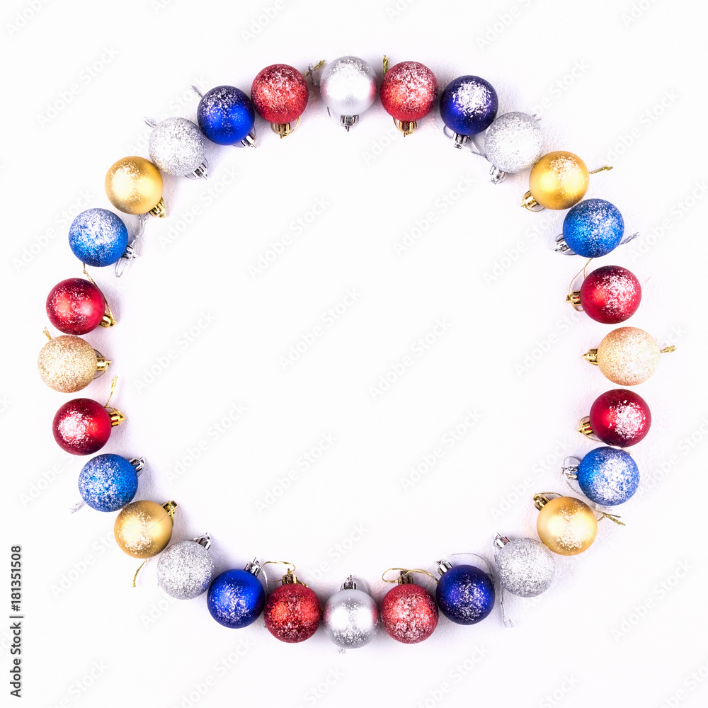 New Year, Christmas Wreath of Colorful Balls. Top View . New Year, Christmas Wreath of Colorful Balls. Top View .