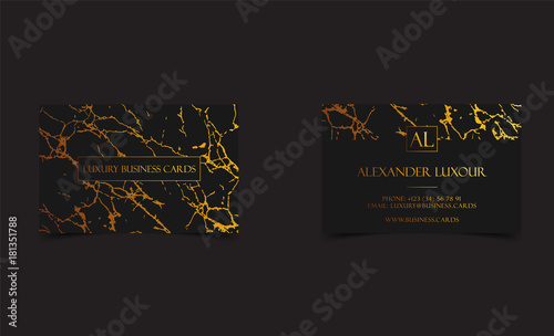 Elegant black luxury business cards with marble texture and gold detail vector template, banner or invitation with golden foil details. Branding and identity graphic design.