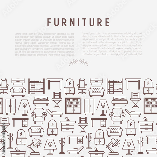 Furniture concept with thin line icons of coach, bookcase, bed, dresser, chair, lamp, floor hanger. Modern vector illustration for banner, web page, print media.