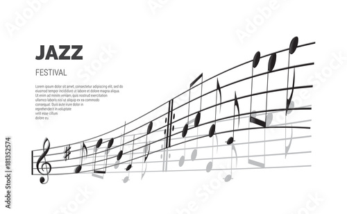 Jazz festival poster or banner template. Vector Jazz festival text on stave background.