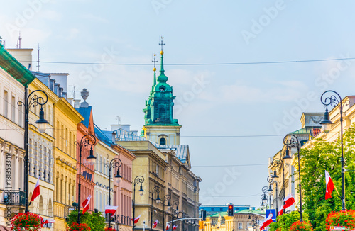 Colorful facades of the nowy swiat street in Warsaw, Poland.