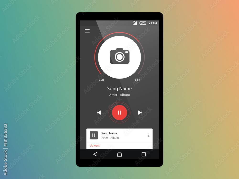 Music player app user interface icons set, buttons, slider, song title. Minimalistic concept. Vector illustration isolated on trendy gradient background Music player app user interface icons set, buttons, slider, song title. Minimalistic concept. Vector illustration isolated on trendy gradient background
