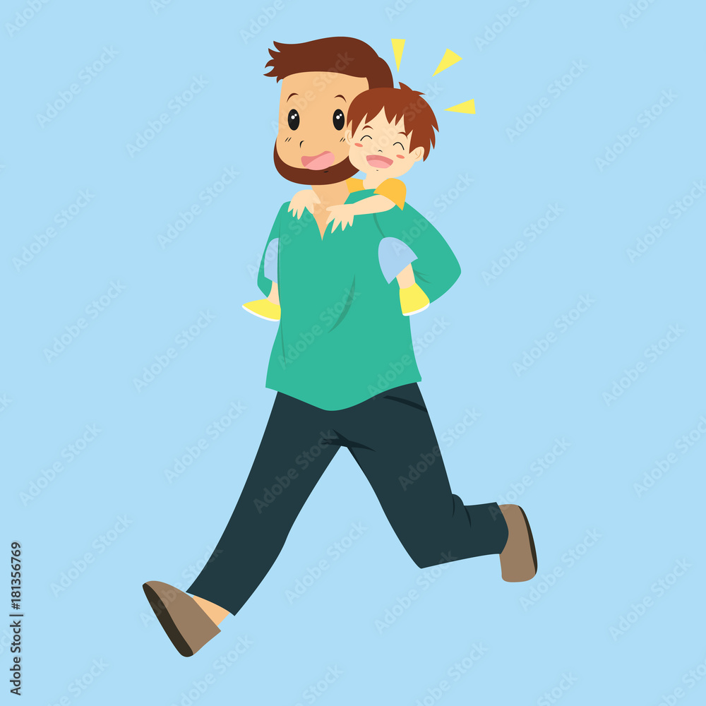 happy father playing with his son on his back. father giving his son a piggyback ride, cartoon vector