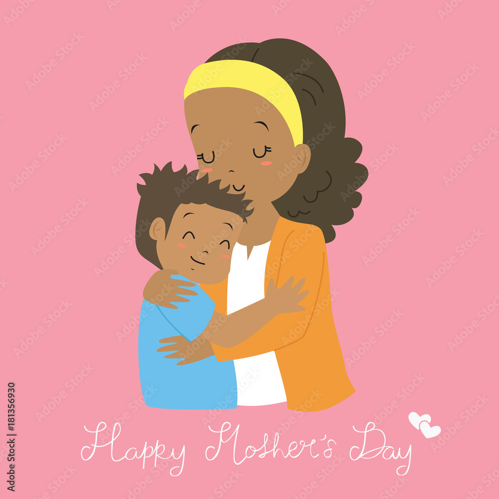 happy mother's day. African American mother and son hugging, cartoon  vector. Stock Vector | Adobe Stock