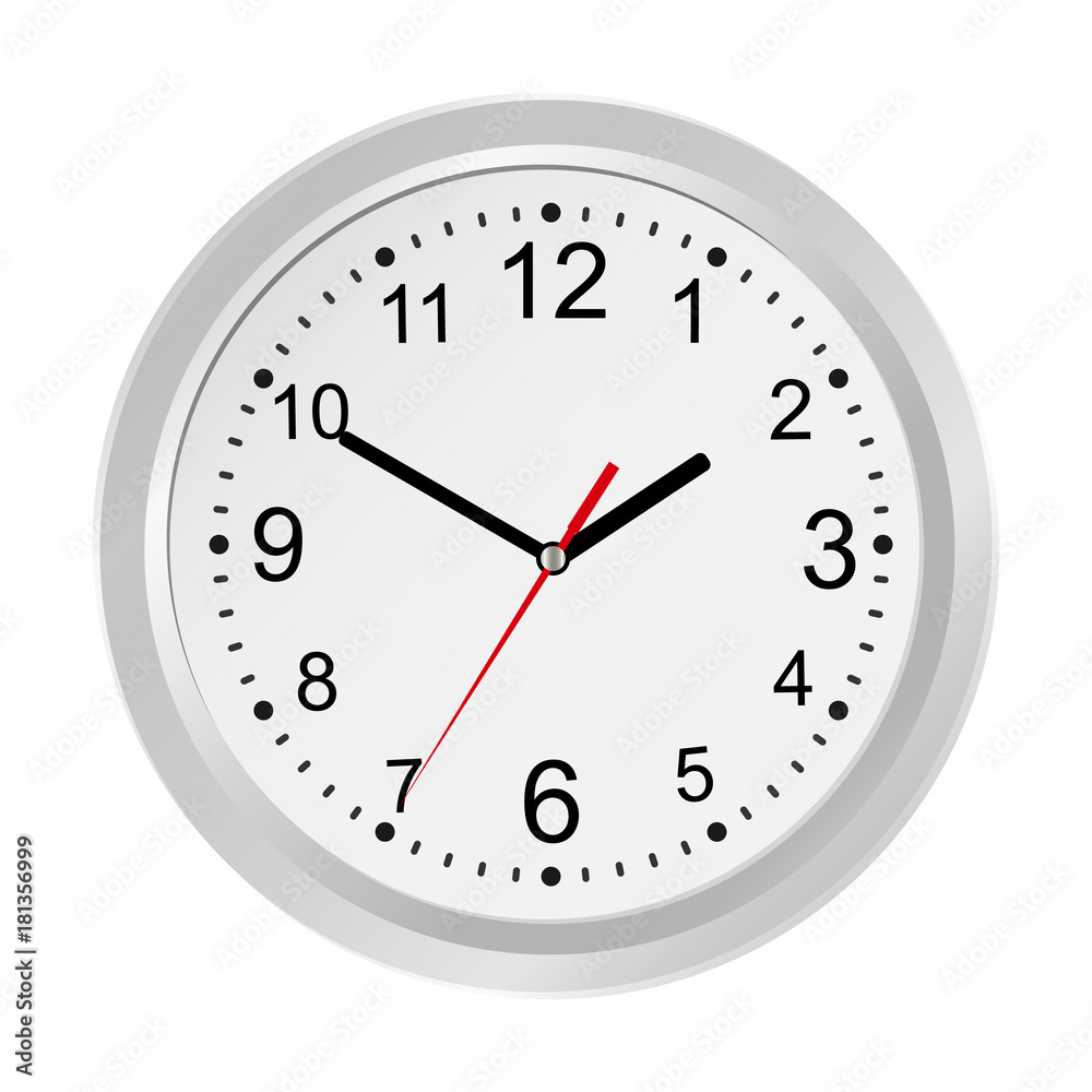 Classic white round wall clock isolated on white background. Mock-up for branding. Vector illustration Classic white round wall clock isolated on white background. Mock-up for branding. Vector illustration