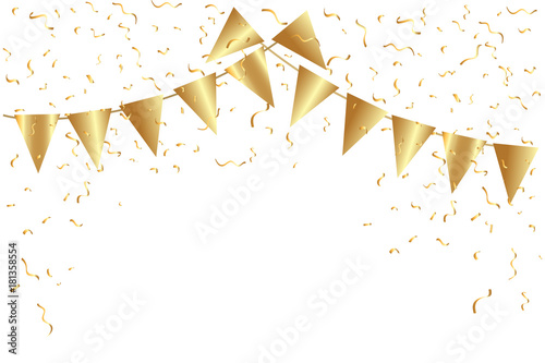 Many golden flags and confetti ribbon isolated on white background. Vector