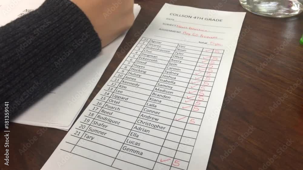 Teacher grading student school papers at desk in classroom