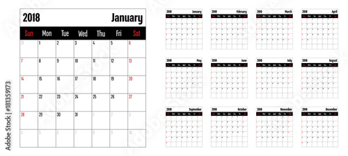 2018 Calendar Planner Memo Vector Illustration Simple Clear Week Start from Sunday
