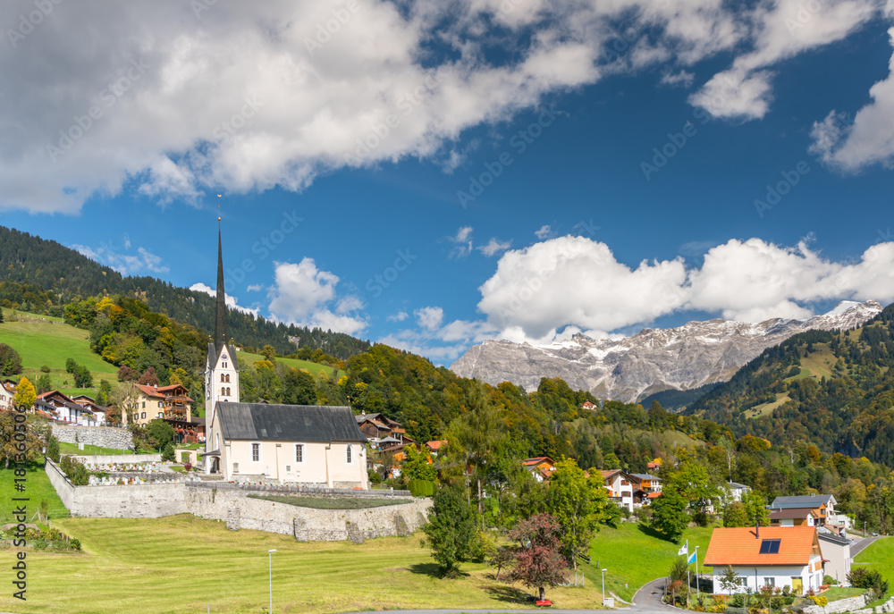 beautiful village of Seewis and surrounding landscape in the Swiss Alps near Klosters