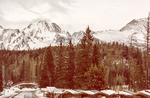 Strbske pleso area, center of winter sports, red filter photo