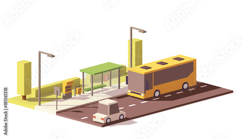 Vector low poly bus and the bus stop