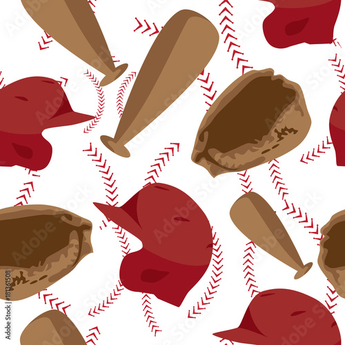 Baseball seamless pattern with red stitching and equipment helmet, bat, and mitt vector.