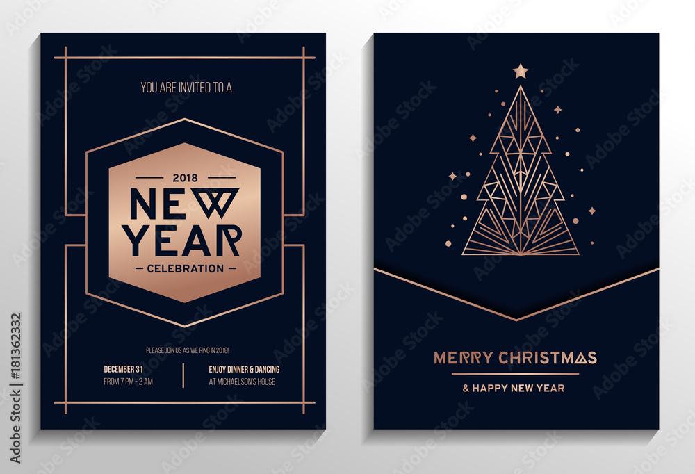 New year party rose gold invitation. Geometric christmas design with rose gold tree. New year greeting card. Vector illustration - obrazy, fototapety, plakaty 