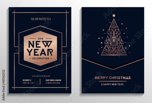 New year party rose gold invitation. Geometric christmas design with rose gold tree. New year greeting card. Vector illustration