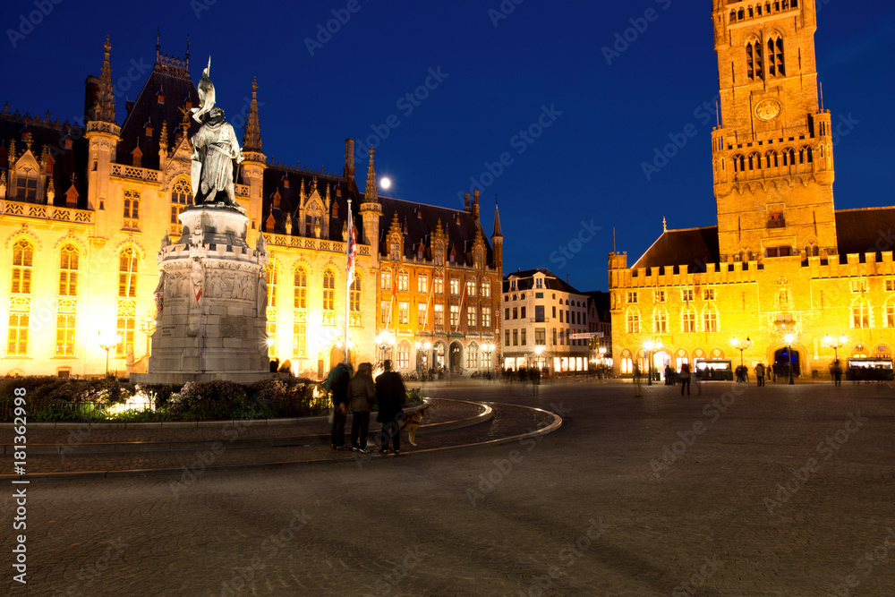 Grote Markt Square in Medieval City Brugge at Dusk, Belgium