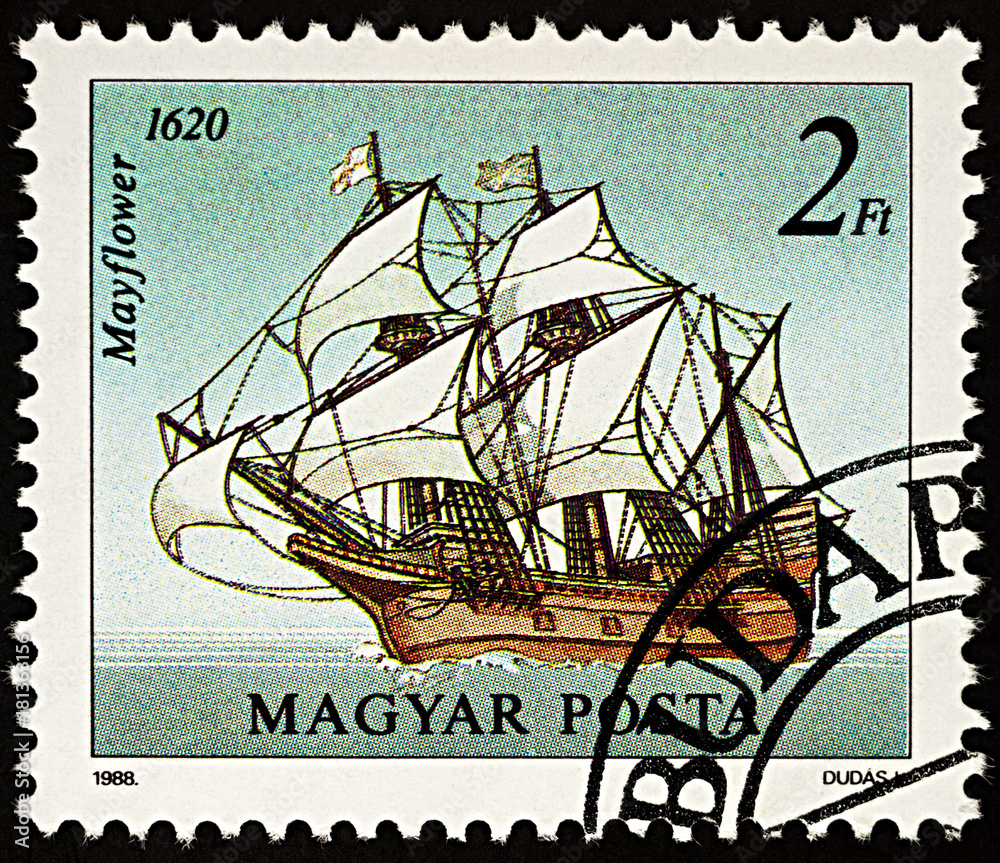 Fototapeta premium Sailing ship Mayflower on postage stamp