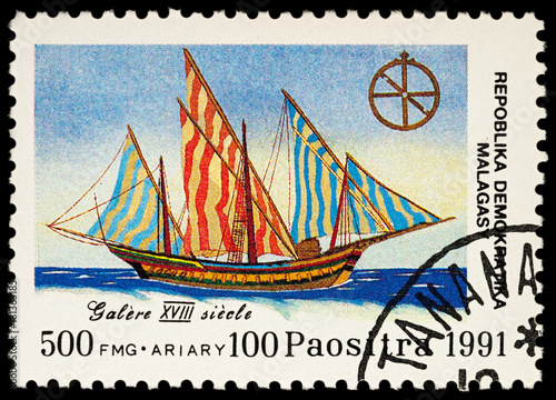 Old sailing ship galley on postage stamp