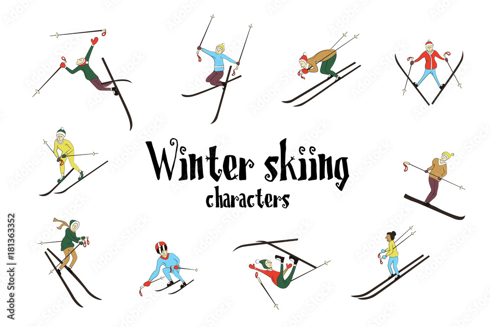 Winter ski sport activity. Skiing people isolated on a white background