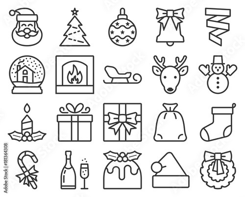 Collection of popular Christmas icons. Line style