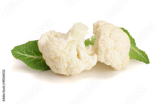 Piece of cauliflower with leaf isolated on white background macro photo