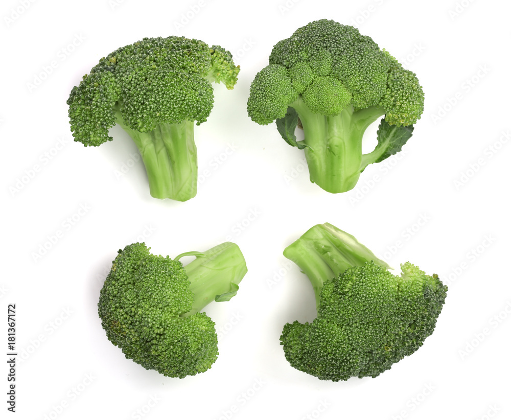 fresh broccoli isolated on white background close-up. Top view fresh broccoli isolated on white background close-up. Top view