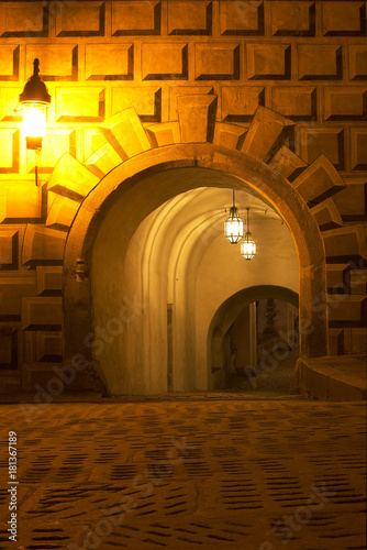 Night shots details of the castle courtyard  passageways and gates castle Cesky Krumlov  Czech Republic.