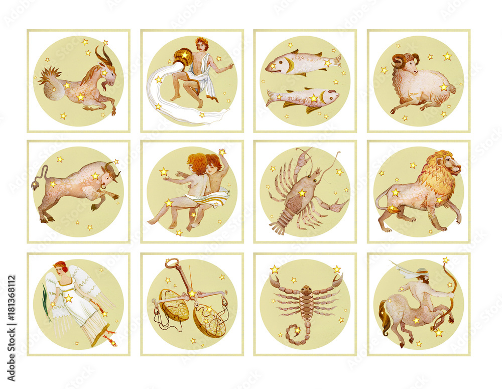 Fototapeta premium Set of twelve signs of the zodiac, watercolor in retro style. Isolated on white background