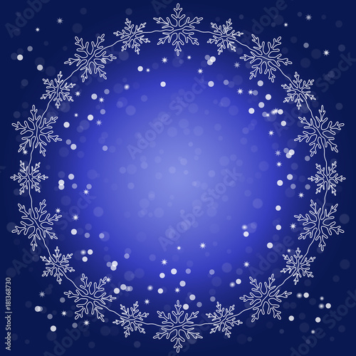 Vector Christmas illustration. Christmas round frame of snowflakes on a blue background with a simulation of falling snow.