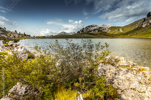 Fototapeta Naklejka Na Ścianę i Meble -  Dolomitic crystalline lake, Valparola Pass, Dolomites, Italy