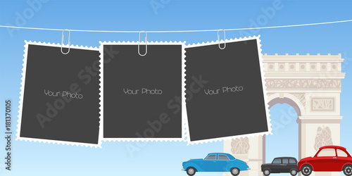 Collage of photo frames vector illustration. Design element of Paris arch de Triumph and templates for photo or pictures