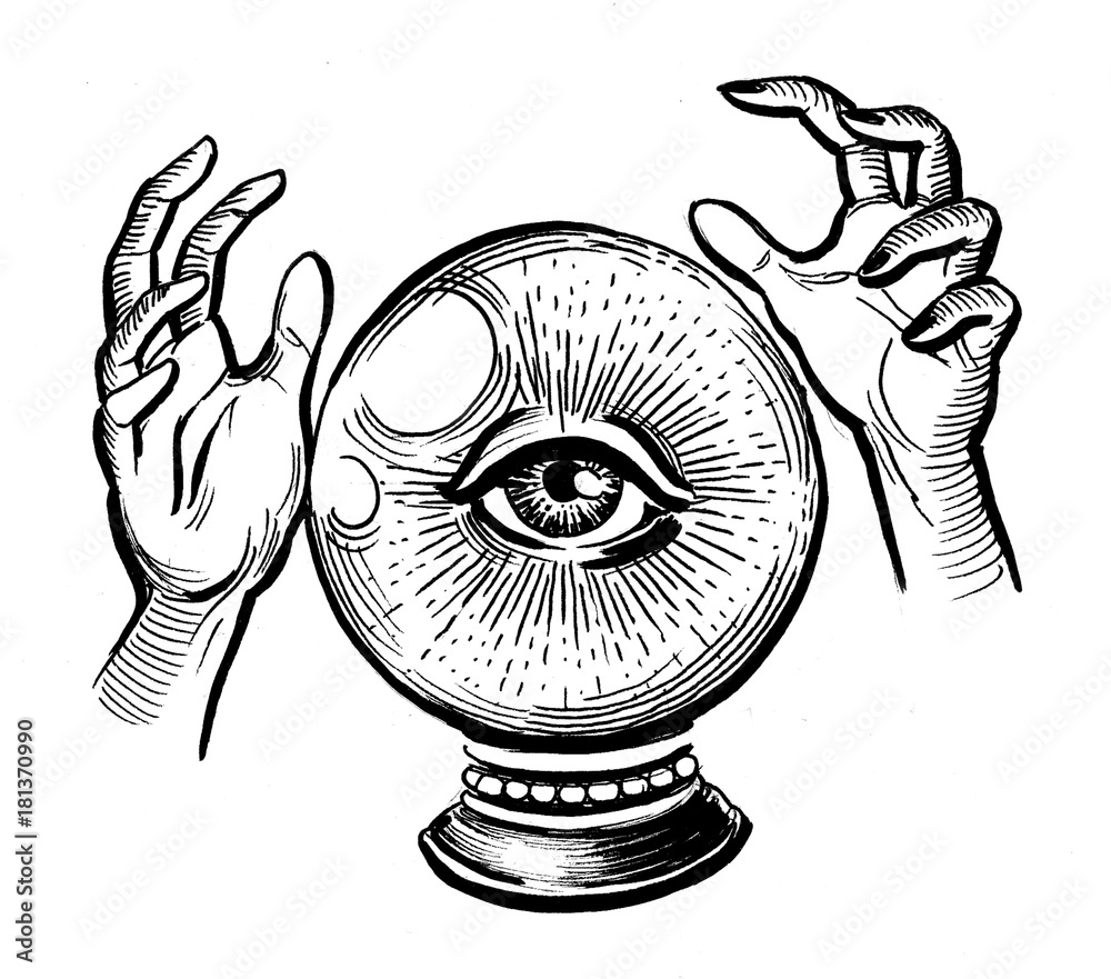 Crystal ball with an eye and hands. Black and white ink drawing Stock  Illustration | Adobe Stock