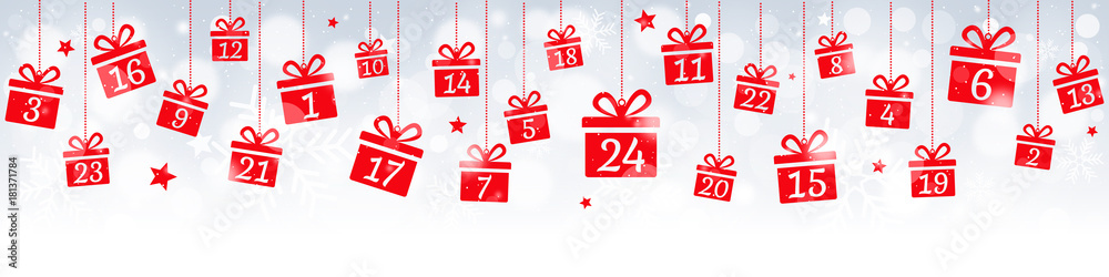 Advent calendar, red Christmas gifts hanging banner