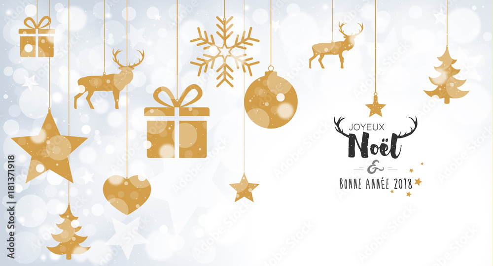 Carte avec boules dorées suspendues sur bokeh