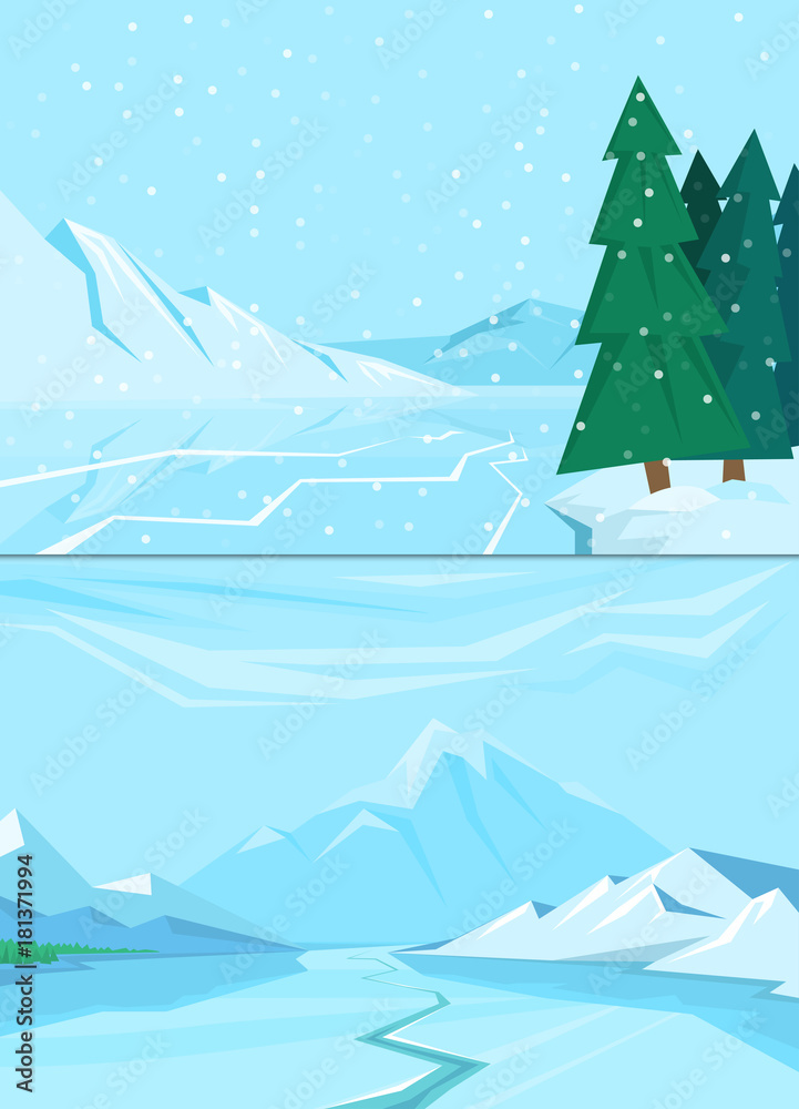 Winter landscape with christmas tree mountain frozen nature wallpaper beautiful natural vector illustration.