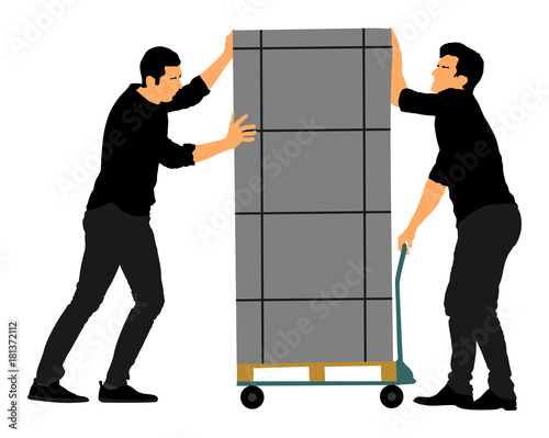 Hard workers pushing wheelbarrow and carry big box vector illustration isolated on white background. Delivery man moving package  by cart. Service moving transport. Warehouse job activity.