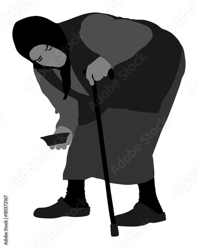 Homeless beggar on street vector silhouette illustration. Senior person begging for food or help. Disabled old woman on crutches begging for money. Helpless granny beg for mercy. Strong social scene.