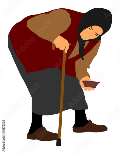 Homeless beggar on a street vector illustration. Senior person begging for food or help. Disabled old woman on crutches begging for money. Helpless granny beg for mercy. Strong social scene.