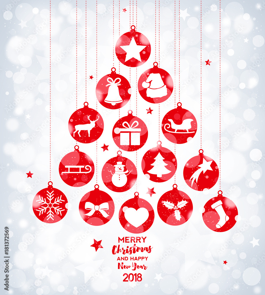 Christmas tree with balls and decorations on bokeh