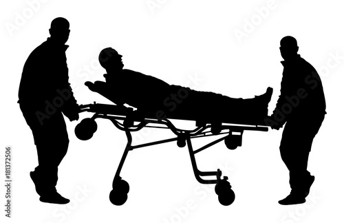 First aid training, help after crash accident transport injured person. Paramedics evacuate injured person. Checking and helping people after body collapse. Health care protection. Lifeguard action.
